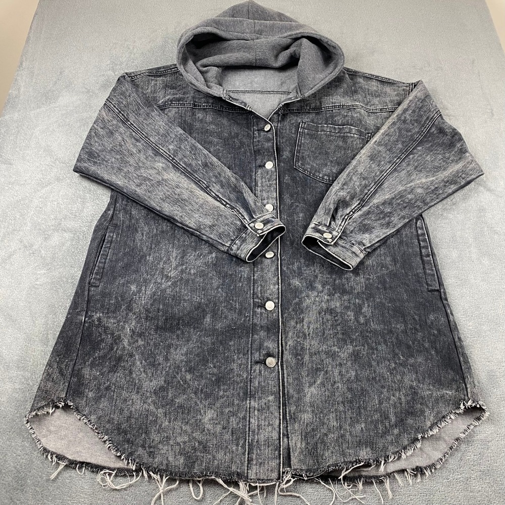 Thrill Jeans Womens 3X Denim Jacket Gray Acid Wash Hooded Raw Hem Button Up